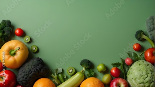 Background of fruits and vegetables in the style of papercuts. The World Vegan Day. Add a green backdrop and copy space.