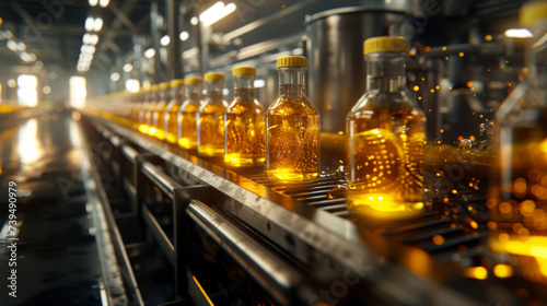 production line with a sequence of clear bottles filled with a yellow liquid, likely oil, with bright lights reflecting off the surfaces, indicating a modern manufacturing process.