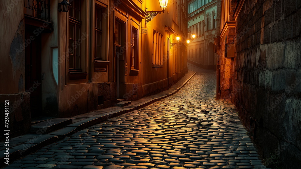 Old European cobblestone street lit by warm lights at night in a quiet town.