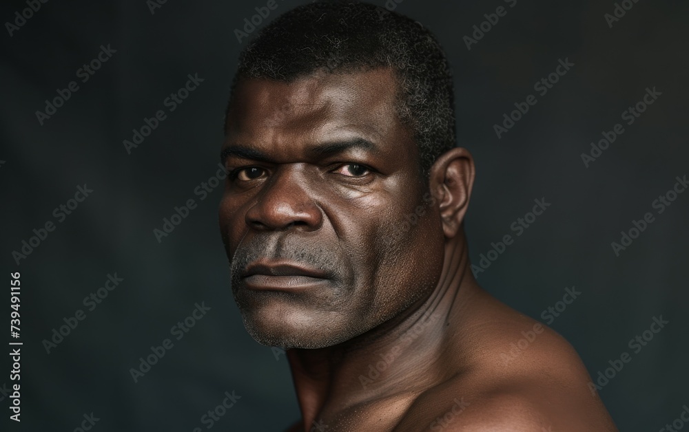 A multiracial man is pictured without a shirt, striking a pose for the camera in this image.