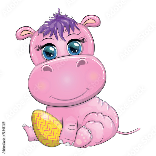 Cute cartoon hippo with Easter egg, Easter card