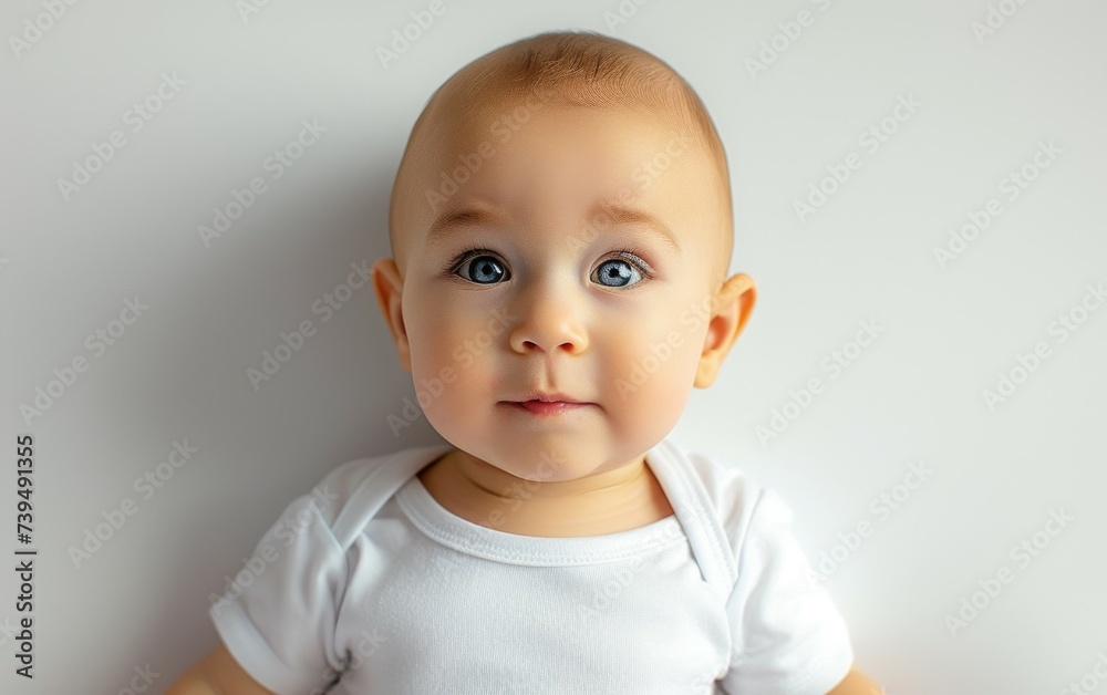 of a baby wearing a white shirt, looking surprised with wide eyes and an open mouth.
