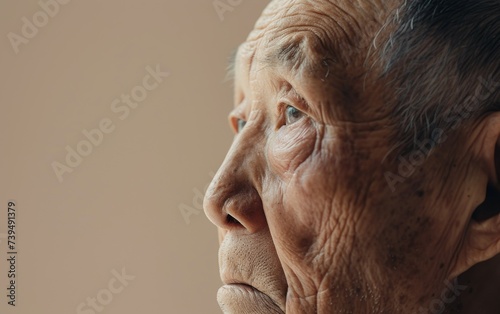 An old man with wrinkles on his face is looking out the window. His expression appears contemplative as he gazes outside.