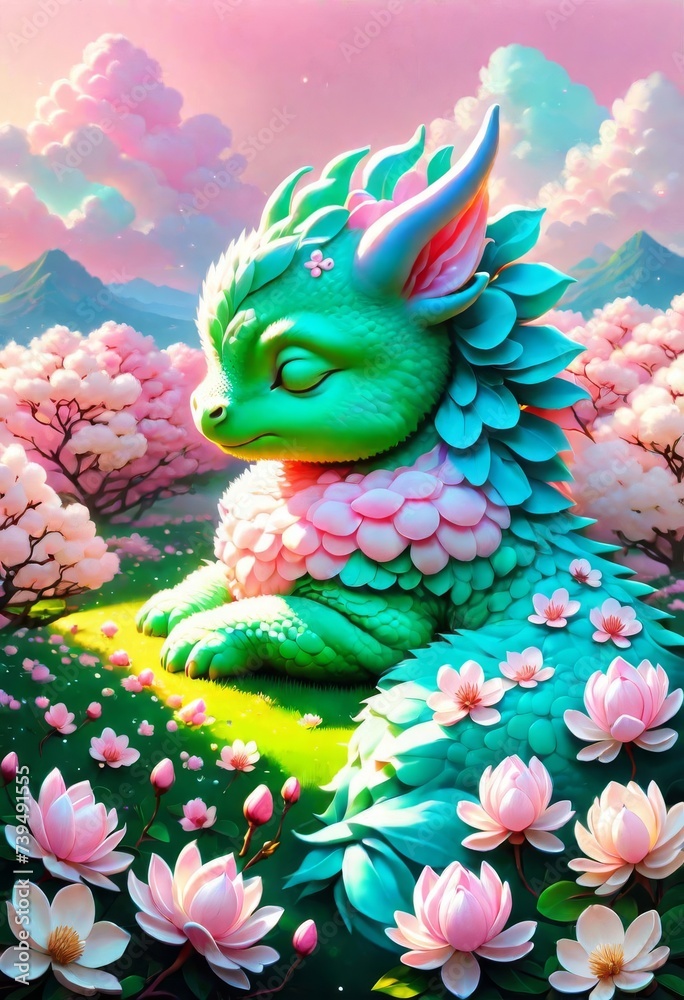 white fluffy dragon sleeps in the garden of pink magnolias