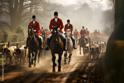 British Tradition in Full Thrust: Dramatic Capture of Fox Hunting - Riders, Horses and Hounds in Rural Countryside © Curtis