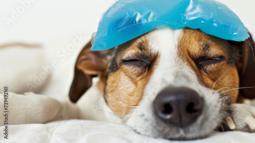 dog lying down with a blue ice pack on its head, eyes closed, appearing to be in a state of rest or possibly unwell. photo