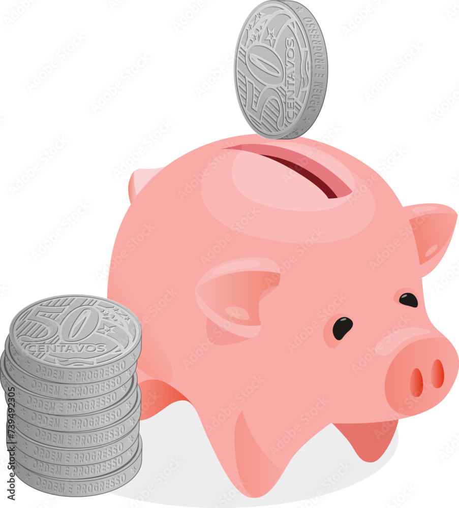 Porco ou porquinho rosa para economizar. Cofre ou cofrinho de moedas de cinquenta centavos de reais