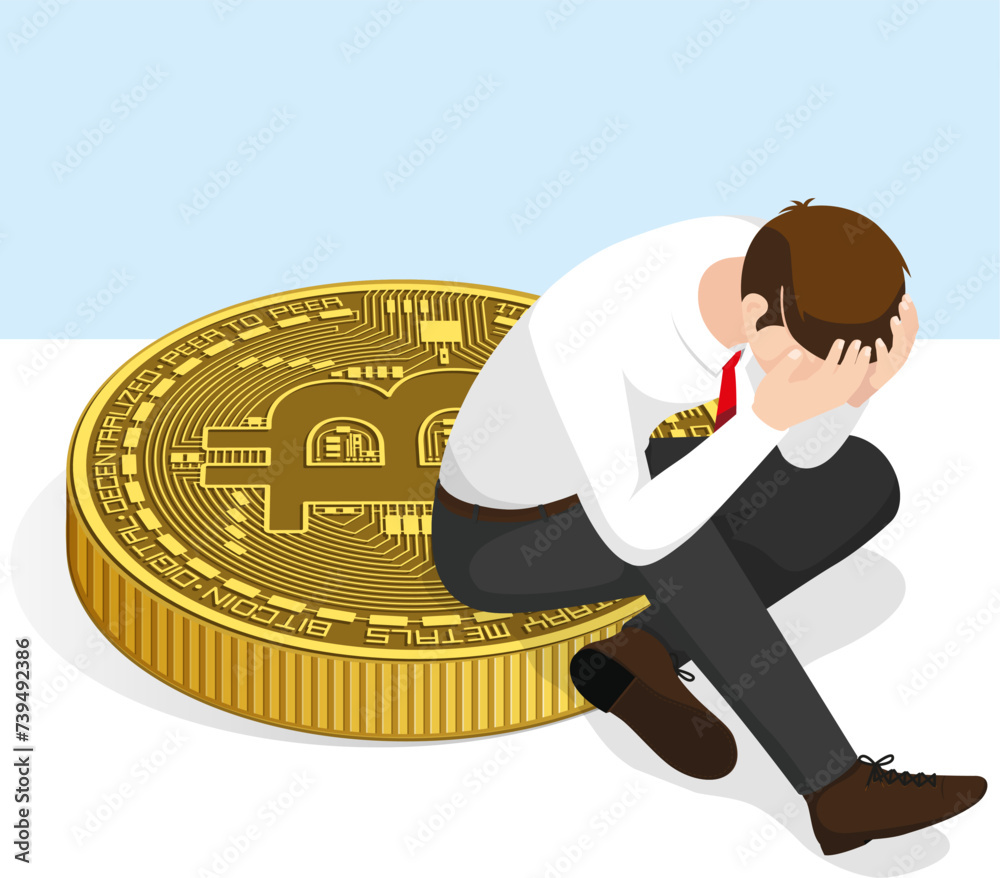 Homem triste em cima de uma moeda de bitcoin