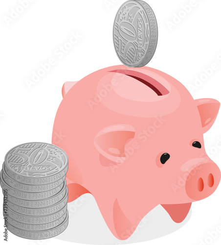 Porco ou porquinho rosa para economizar. Cofre ou cofrinho de moedas de cinquenta centavos de reais photo