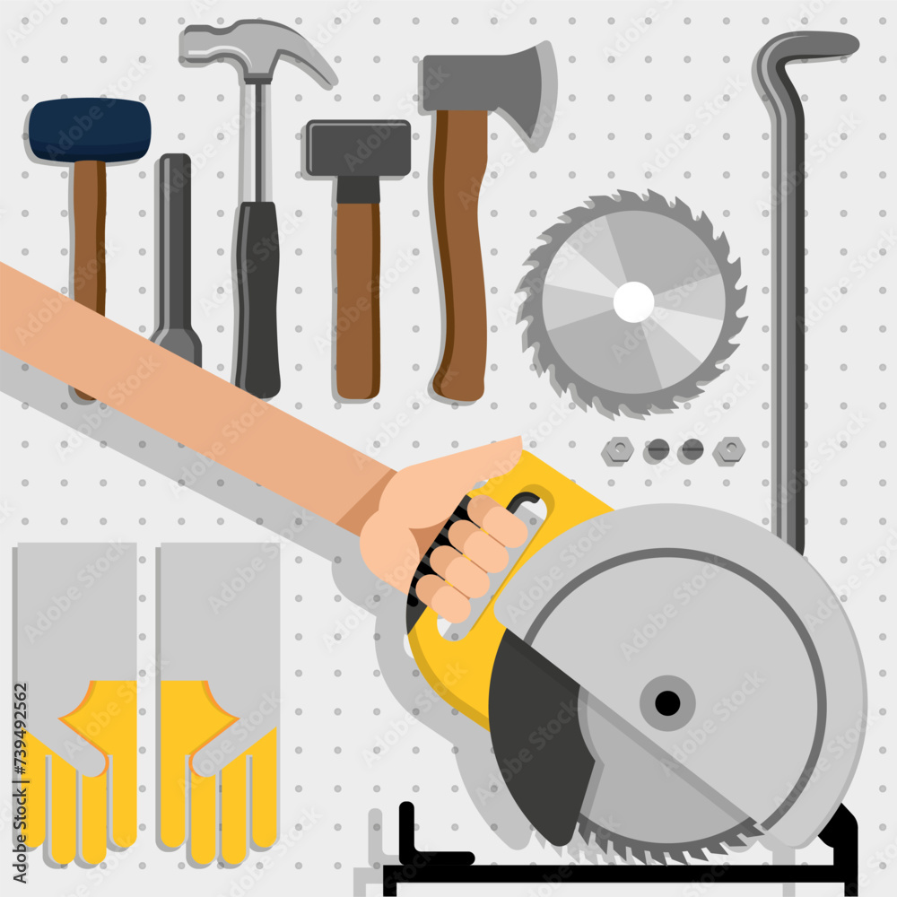 Painel de ferramentas de reparo contendo serra, machado, marreta, luvas, parafuso e martelo. Kit para carpintaria