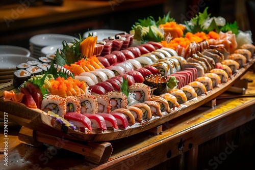 A mouthwatering spread of colorful sushi rolls, sashimi, and nigiri arranged artfully on a traditional wooden platter, showcasing the exquisite flavors and presentation of Japanese cuisine