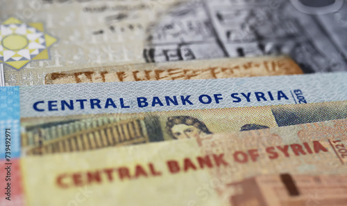 Closeup of central bank of Syria lira banknotes