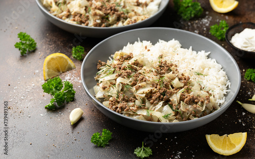 Unstuffed cabbage roll with ground beef, rice and vegetables. photo