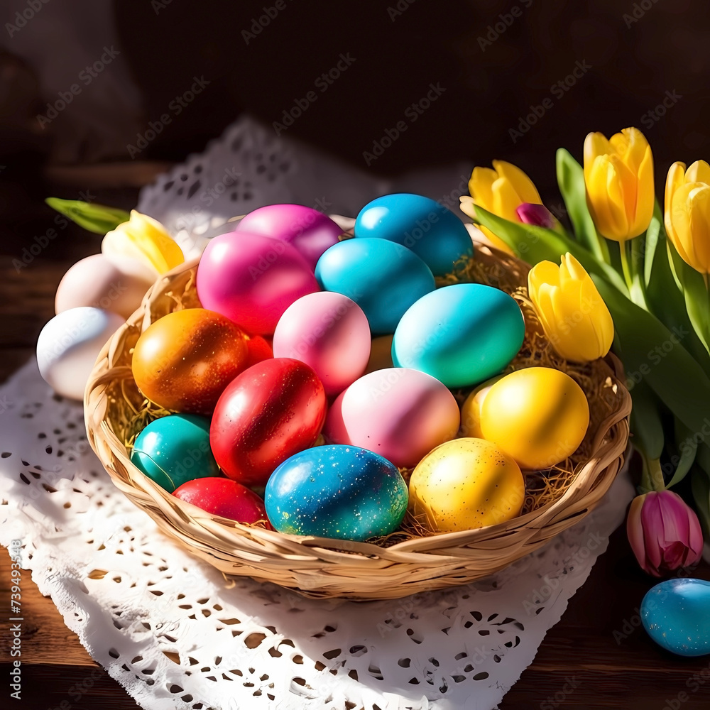 Easter. Colorful eggs and a cake with flowers Easter. Colorful eggs and a cake with flowers
