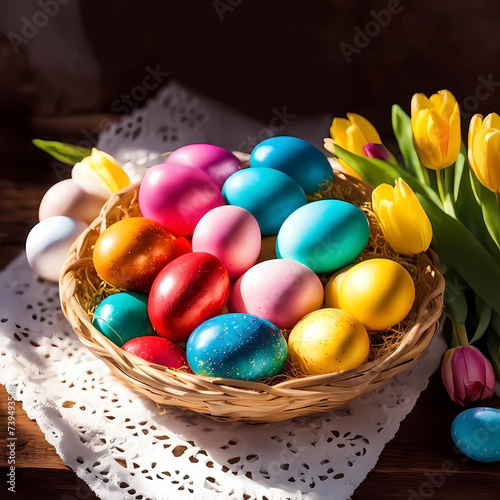 Easter. Colorful eggs and a cake with flowers