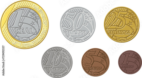 Apenas uma moeda real brasileira usada desde 2009, metálica, dourada, bronze, cobre, um real, cinquenta, vinte, dez e cinco centavos