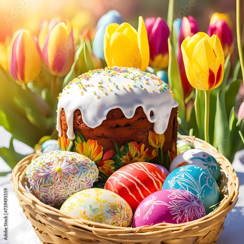 Easter. Colorful eggs and a cake with flowers