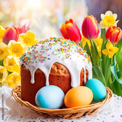 Easter. Colorful eggs and a cake with flowers