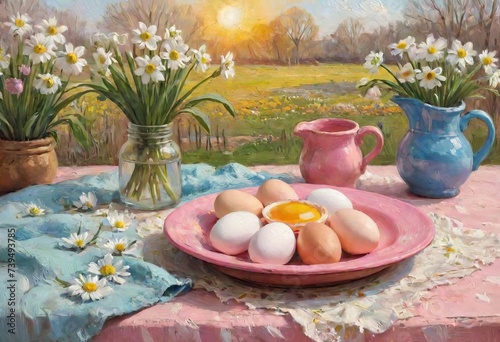 Obraz na płótnie Beautiful table setting with spring flowers for Easter celebration w salonie