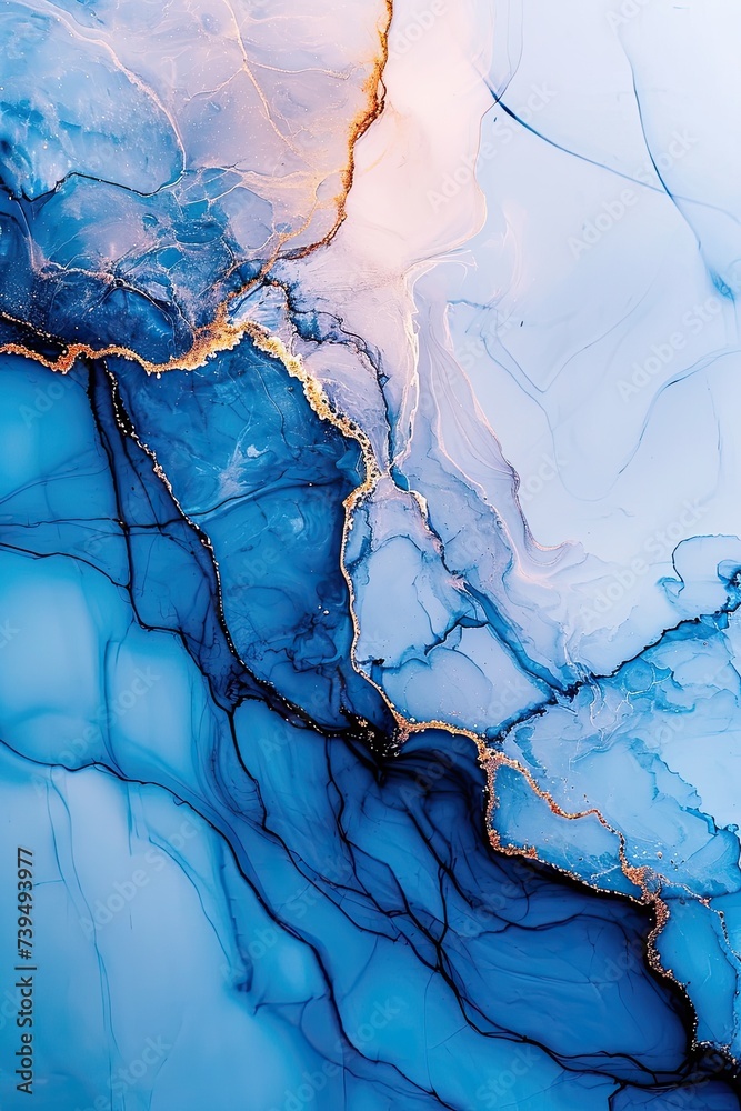 Naklejka premium Blue liquid on white with gold elements, abstraction.