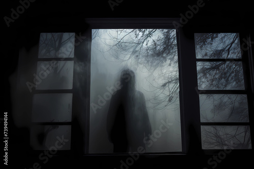 A window with a silhouette of a creepy person lurking outside amidst the eerie mist and looming trees creates an atmosphere of chilling suspense and foreboding