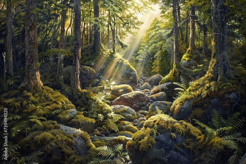 A tranquil forest scene with sunlight filtering through the canopy, illuminating a carpet of ferns 