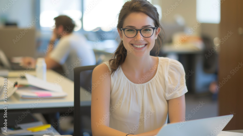 cheerful woman , wearing a white blouse and a necklace, smiling and looking at a laptop screen cheerful woman , wearing a white blouse and a necklace, smiling and looking at a laptop screen