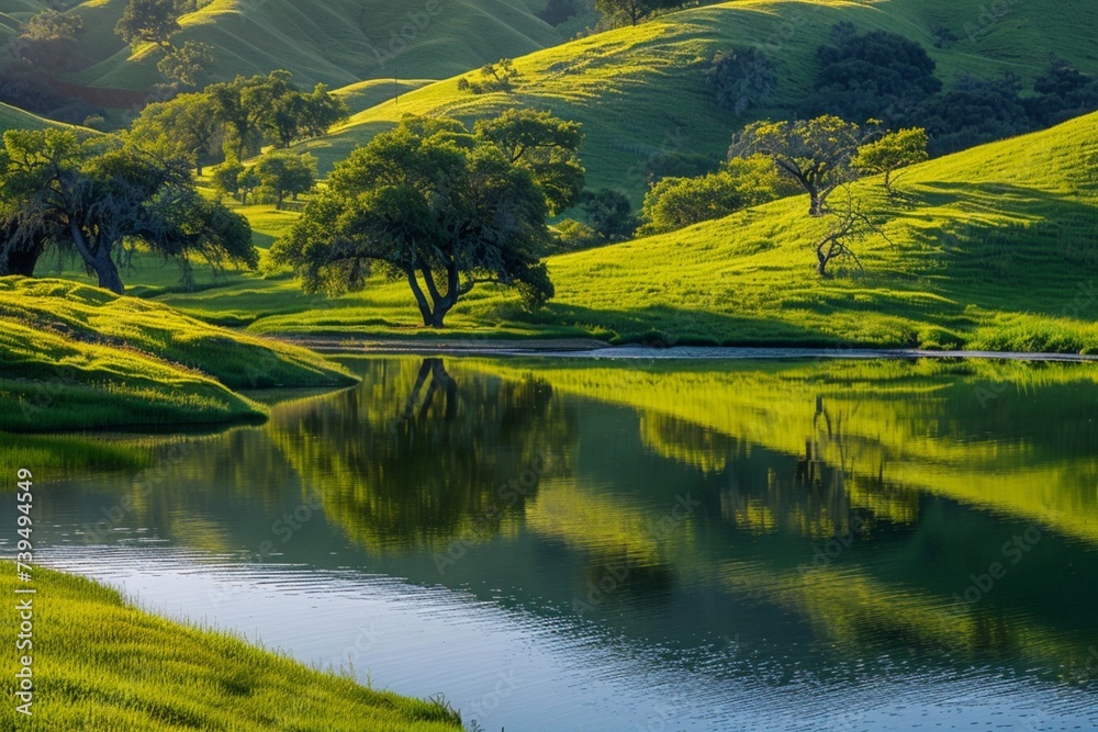 A tranquil lake nestled among rolling hills and verdant meadows, its surface reflecting the vibrant colors of the surrounding landscape, offering a serene and idyllic background