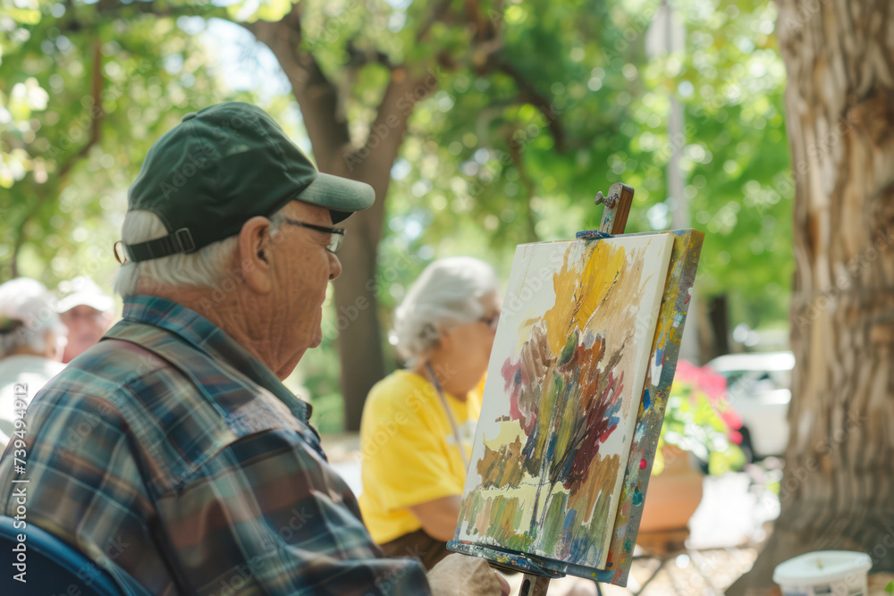 Naklejka premium Elderly Artist Painting Outdoors in the Park on a Sunny Day. Concept of nursing home or house. 
