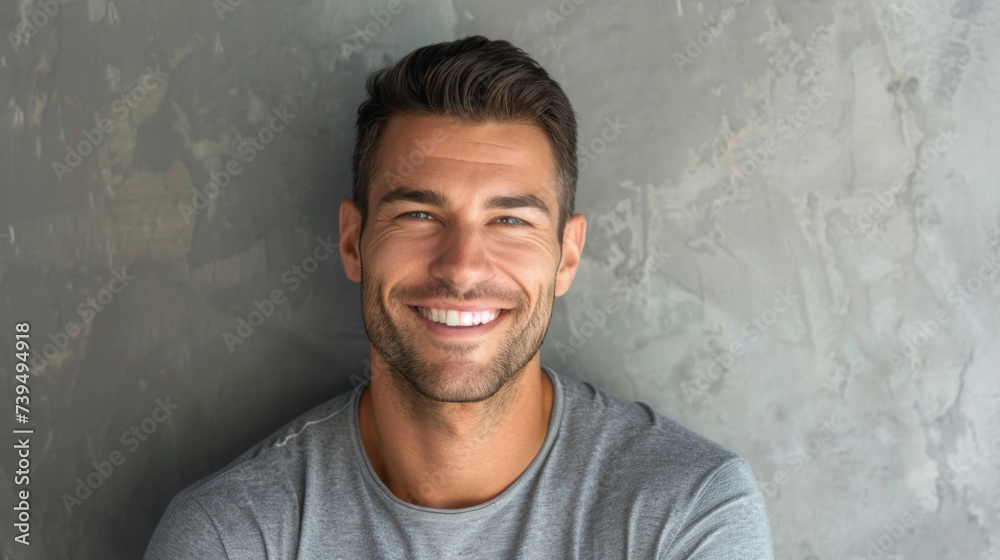 A cheerful man with curly hair smiles widely, wearing a light blue shirt against a white background. A cheerful man with curly hair smiles widely, wearing a light blue shirt against a white background.
