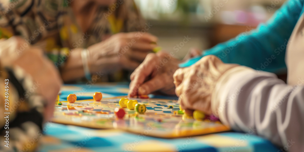 Elderly Individuals Engaging in a Colorful Board Game Activity Together at Home. Concept of nursing home or house. Elderly Individuals Engaging in a Colorful Board Game Activity Together at Home. Concept of nursing home or house.