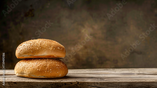 Two sesame seed bagels stacked on a rustic wooden surface photo