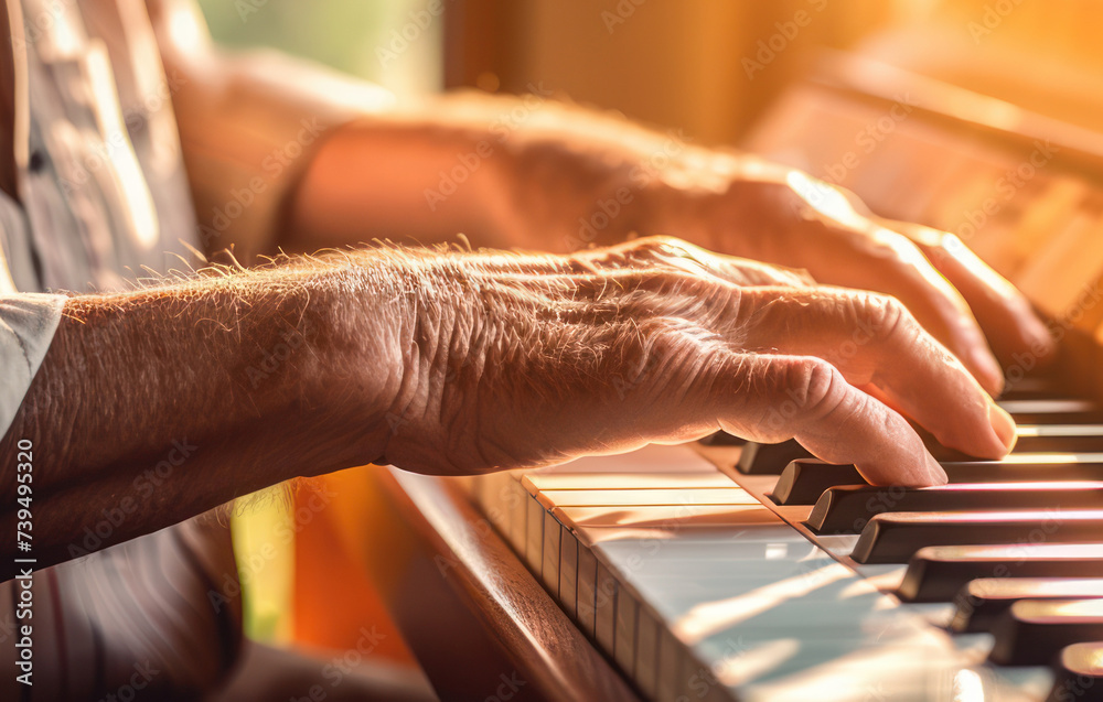 Elderly Musician's Hands Gracefully Playing on a Sunlit Piano. Concept of nursing home or house.  - obrazy, fototapety, plakaty 