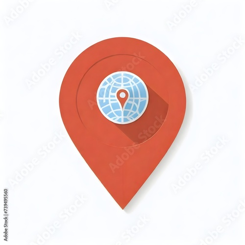 A red location pin icon with a blue globe design in the center against a white background