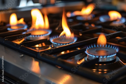 Elegant Blue Gas Flames - High-precision gas stove burners in action, showcasing the powerful and efficient blue flames commonly used in culinary arts and professional kitchens. This image is perfect 