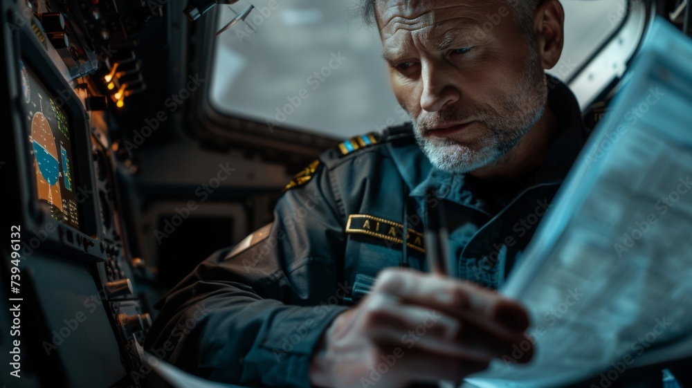 Obraz premium Focused Pilot Navigating - Experienced pilot reviews navigation charts in a cockpit during a flight.