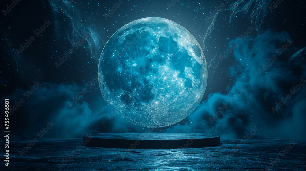 empty black podium front of the big glowing blue moon on space and stars background with smoke - obrazy, fototapety, plakaty 
