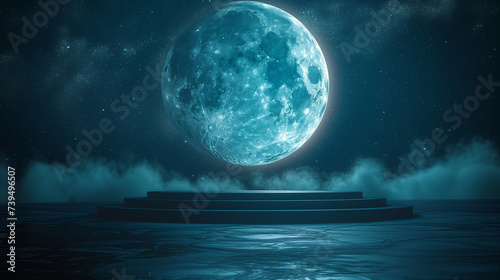 empty black podium front of the big glowing blue moon on space and stars background with smoke