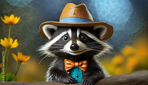 In a charming portrait, a cute raccoon steals the spotlight as it sports a cowboy hat made of plasticine. With a playful and whimsical touch, the raccoon's endearing expression captivates viewers