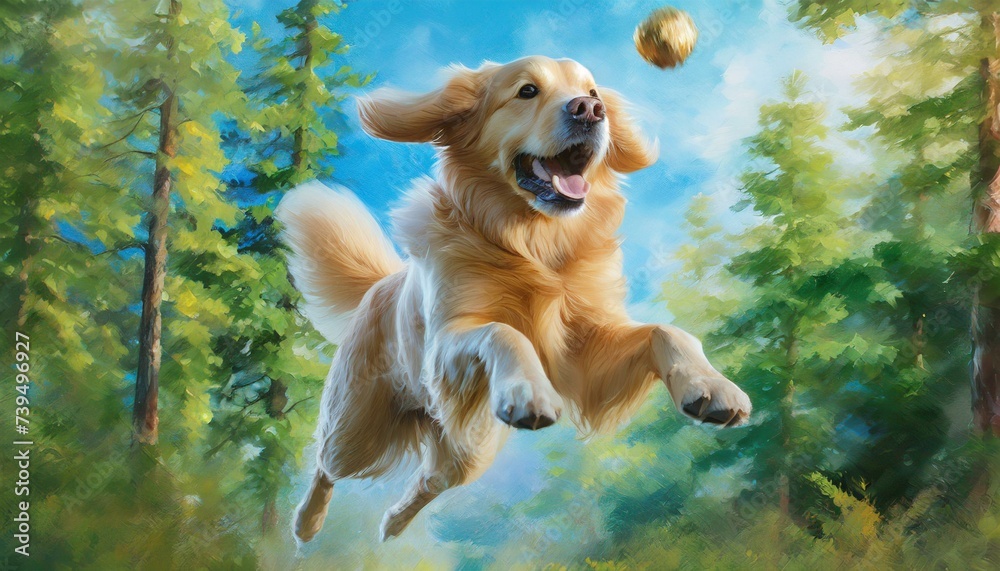 In a vibrant painting, a playful golden retriever leaps mid-air ...