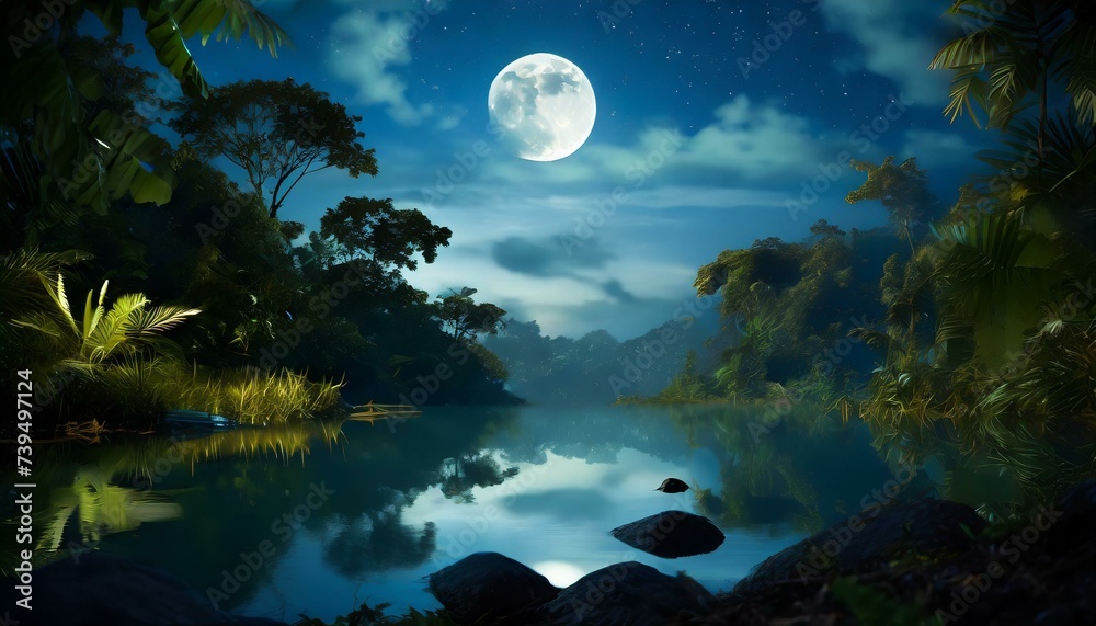 moon over the lake - A serene night scene depicting a natural sky with ...