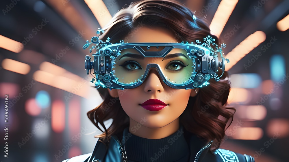 Model wearing futuristic high-tech eyeglasses Model wearing futuristic high-tech eyeglasses