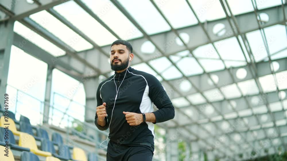 Adult bearded male runner in headphones jogging outside in urban city stadium. Fit handsome sportsman in a sports suit is listening to his favorite music and enjoying his workout. Healthy lifestyle Adult bearded male runner in headphones jogging outside in urban city stadium. Fit handsome sportsman in a sports suit is listening to his favorite music and enjoying his workout. Healthy lifestyle