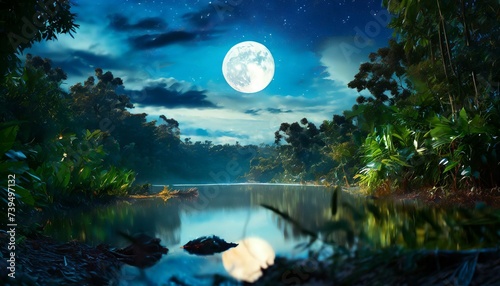 moon over the lake - A serene night scene depicting a natural sky with a round moon over a jungle.