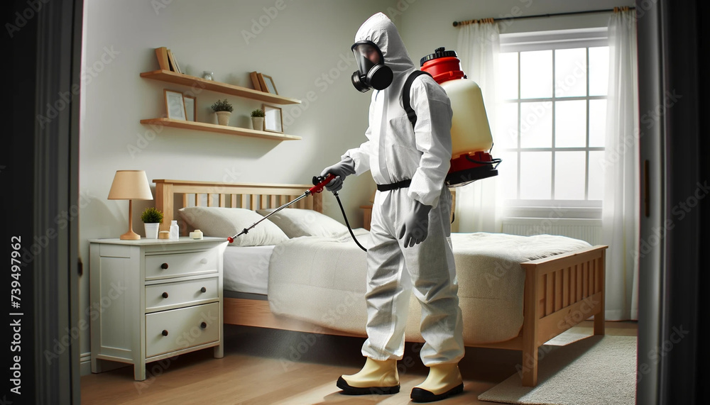 A faceless pest control worker in a full protective suit. - obrazy, fototapety, plakaty 