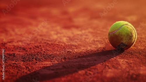 Close-up of tennis ball on red clay tennis court surface. The color palette is vibrant, with sharp contrast drawing attention to the tennis ball. photo