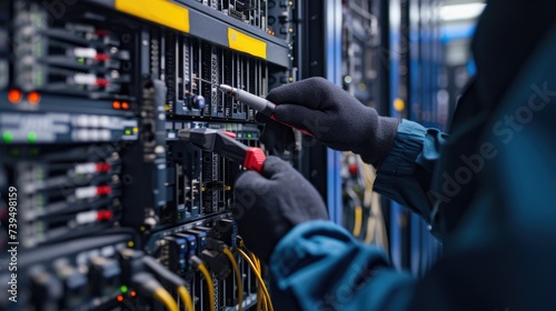 A man in electric blue engineering attire is performing gestures while working on a server in a data center. AIG41 photo