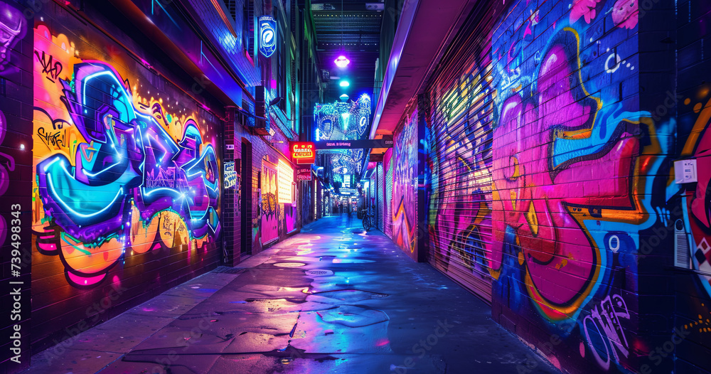 An urban alleyway comes alive under the glow of neon lights, illuminating the vibrant graffiti art on the walls. The wet pavement reflects the vivid colors, adding to the city’s nocturnal charm.