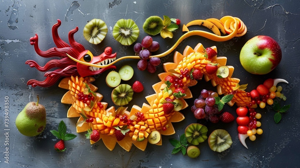 A real fruit photo platter, arranged in the shape of a Chinese dragon, fruits are not many and easy to combine