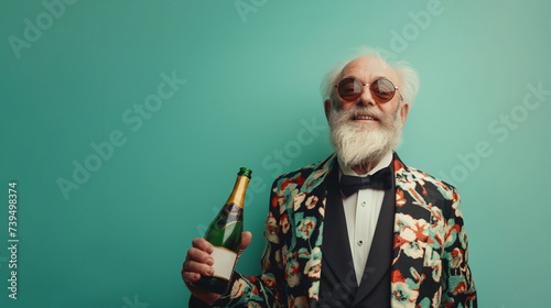 Portrait of a charming and funny grandfather in a wild tuxedo with floral motifs while holding a bottle of champagne and ready for a wild party and fun, in the spirit of surprise, celebration, and you